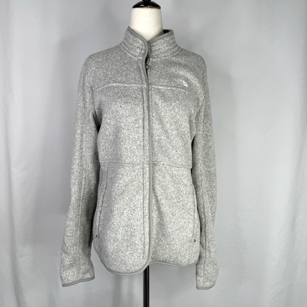 The North Face jacket full zip knit exterior plush inside light grey mock neck L
